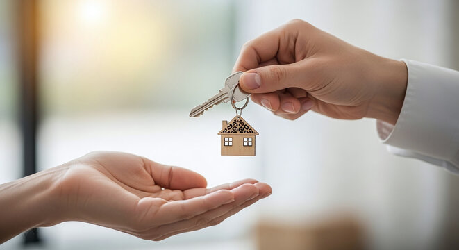 Key to new home being handed over symbolizing property ownership and real estate success