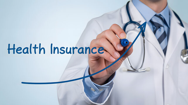 Doctor writing "Health Insurance" with an upward trending graph signifying growth and positive outcomes