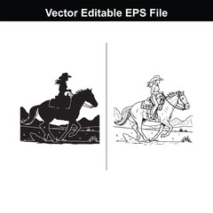 Cowgirl riding a horse in a western landscape, illustration in black and white, vector art