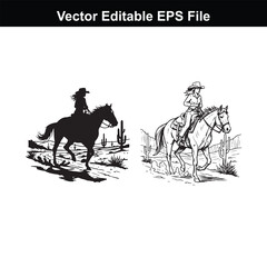 Two stylized illustrations of women on horseback in a desert landscape, one in silhouette and one in line art