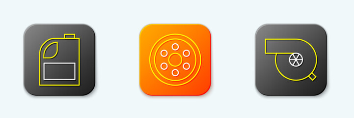 Set line Canister for motor machine oil, Alloy wheel and Automotive turbocharger icon. Vector