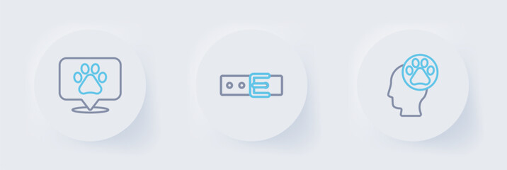 Set line Human with animals footprint, Collar name tag and Location veterinary icon. Vector