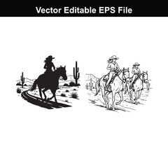 Two stylized illustrations of women on horseback in a desert landscape, one in silhouette and one in line art