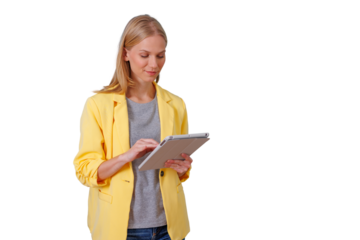 Woman in yellow blazer using digital tablet for remote work, business technology, connectivity, productivity