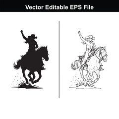 Silhouette and line art of a cowboy riding a horse with one arm raised