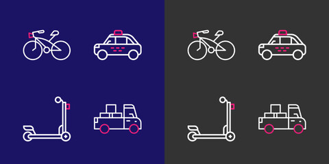 Set line Delivery truck, Scooter, Taxi car and Bicycle icon. Vector