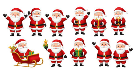 Jolly santa claus character poses with gifts and festive sleigh