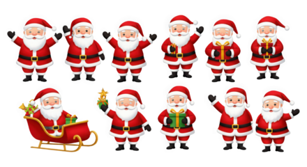 Jolly santa claus character poses with gifts and festive sleigh