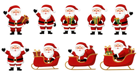Cheerful santa claus character set with various poses and gifts