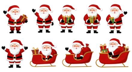 Cheerful santa claus character set with various poses and gifts