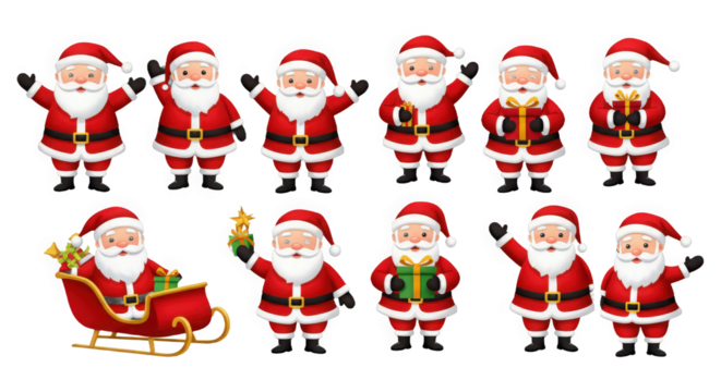 Jolly santa claus character poses with gifts and festive sleigh