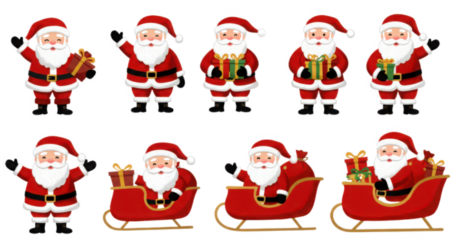 Cheerful santa claus character set with various poses and gifts