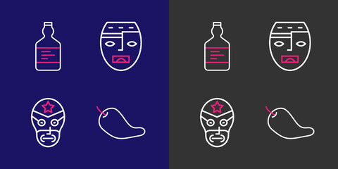Set line Hot chili pepper pod, Mexican wrestler, Aztec mask and Tequila bottle icon. Vector