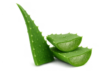 Aloe vera leaf and cut segments with water drops, transparent background, for natural health and beauty products