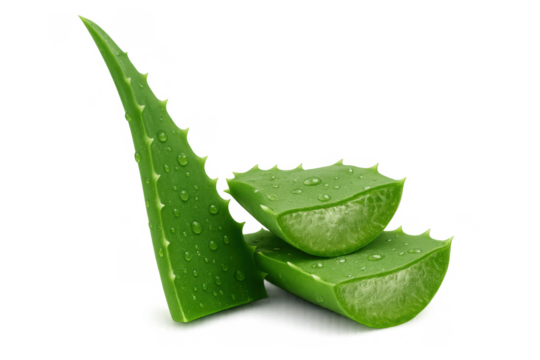 Aloe vera leaf and cut segments with water drops, transparent background, for natural health and beauty products