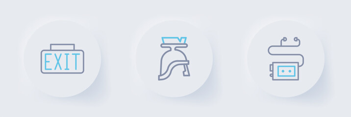 Set line Museum audio guide, Roman army helmet and Exit sign icon. Vector