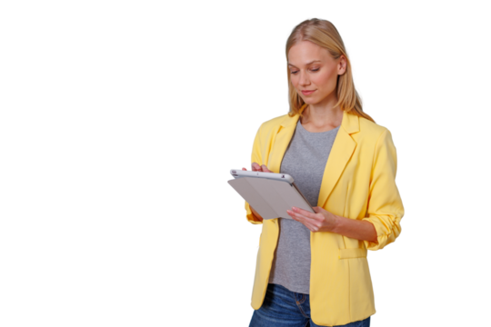 Woman working with digital tablet, using touch screen technology for casual business, transparent background