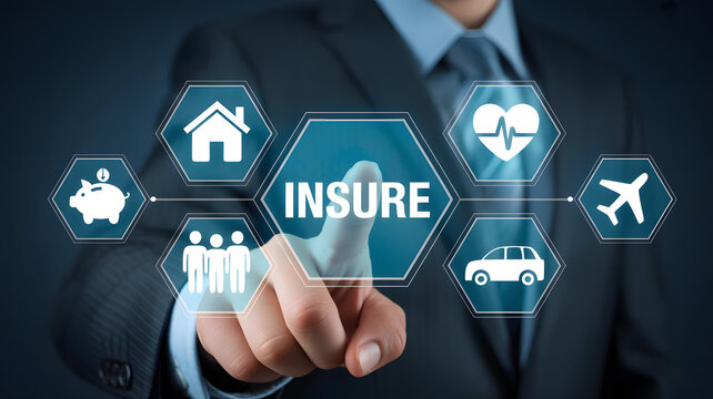 Smart businessman selecting comprehensive insurance options for family, home, health, travel, and auto protection on digital interface