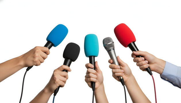 Hand holding microphone, Many hands holding colorful microphones for a press conference, interview, Isolated on white background