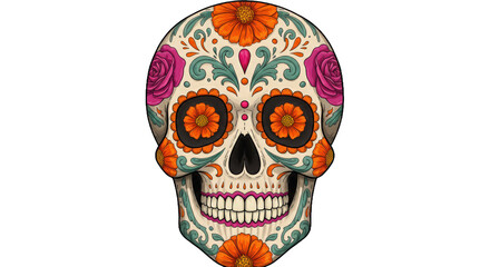 Intricate floral sugar skull illustration, day of the dead art