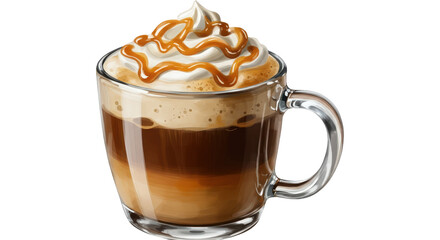 Sweet caramel latte coffee with whipped cream and golden syrup