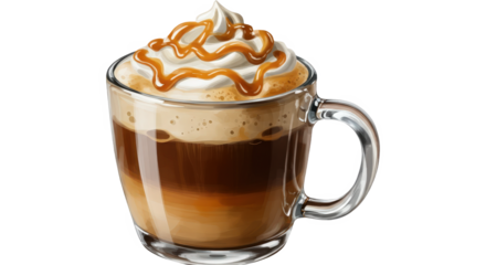 Sweet caramel latte coffee with whipped cream and golden syrup