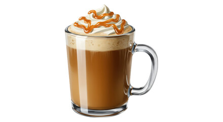 Caramel latte in a clear glass mug with whipped cream and drizzle