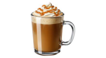 Caramel latte in a clear glass mug with whipped cream and drizzle