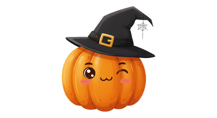 Cute winking pumpkin wearing witch hat for halloween celebration