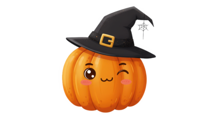 Cute winking pumpkin wearing witch hat for halloween celebration