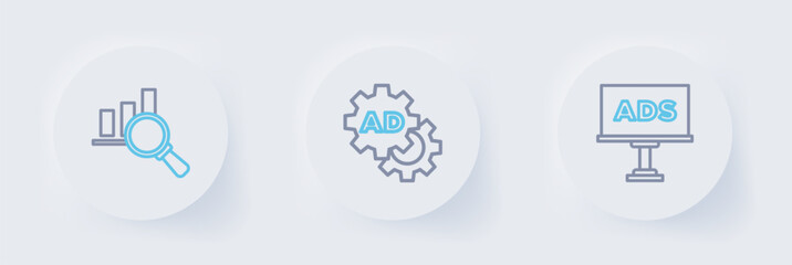Set line Advertising, and Magnifying glass and analysis icon. Vector