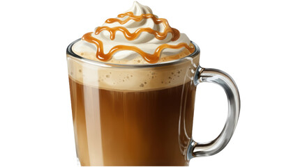 Caramelized coffee latte with whipped cream and sweet topping