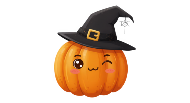 Cute winking pumpkin wearing witch hat for halloween celebration