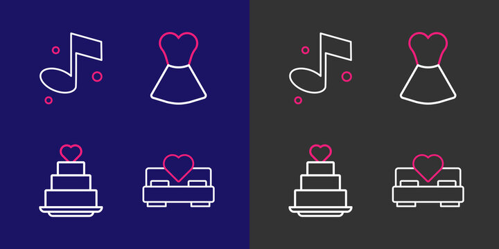 Set line Bedroom, Wedding cake with heart, Woman dress and Music note icon. Vector