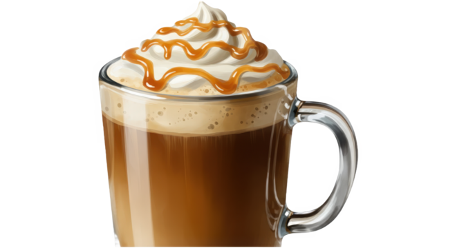 Caramelized coffee latte with whipped cream and sweet topping