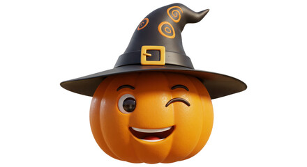 Playful winking 3d halloween pumpkin wearing a spooky witch hat