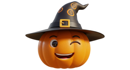 Playful winking 3d halloween pumpkin wearing a spooky witch hat