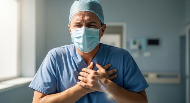 Healthcare worker in scrubs and mask clutches chest, appearing distressed in clinic