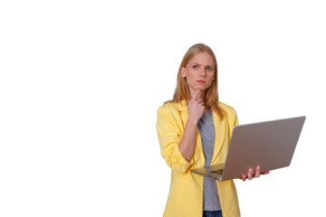 Businesswoman in yellow jacket holding laptop, thinking and pondering new ideas, transparent background