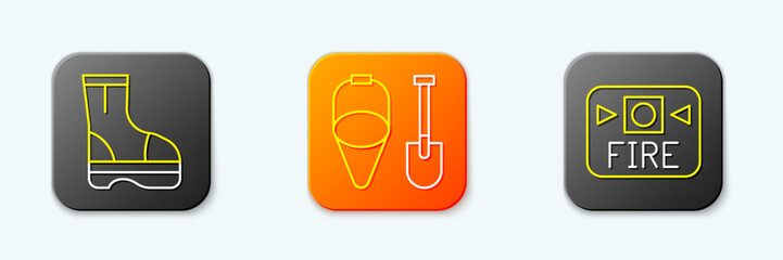 Set line Fire boots, shovel and bucket and alarm system icon. Vector