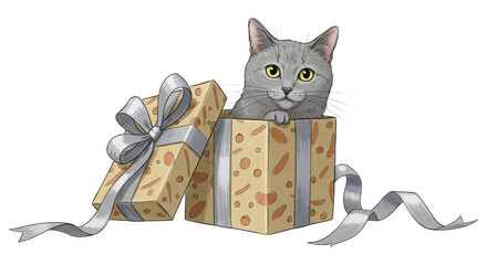 Cute gray cat peeks from patterned gift box with silver ribbon