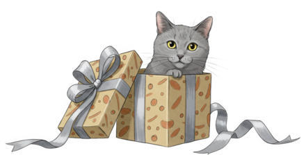 Cute gray cat peeks from patterned gift box with silver ribbon