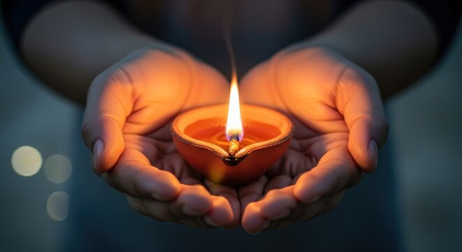 Human hands gently hold a brightly burning, traditional clay oil lamp in dim light