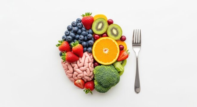 Human brain model nestled among a vibrant circle of fruits, vegetables, and a fork - Powered by Adobe