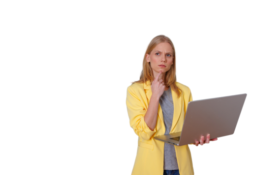 Businesswoman in yellow jacket holding laptop, thinking and pondering new ideas, transparent background
