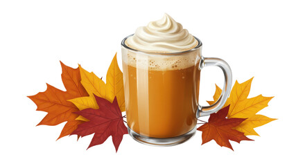 Delicious pumpkin spice latte with whipped cream and fall leaves