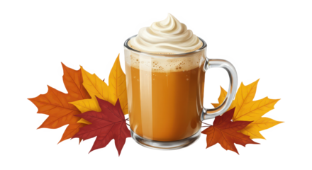 Delicious pumpkin spice latte with whipped cream and fall leaves
