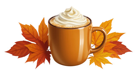 Warm autumn beverage with whipped cream and fall maple leaves