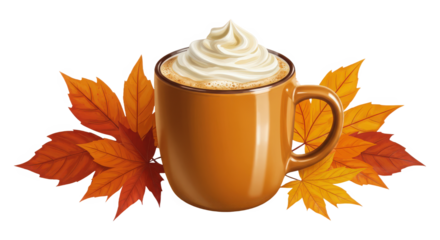 Warm autumn beverage with whipped cream and fall maple leaves