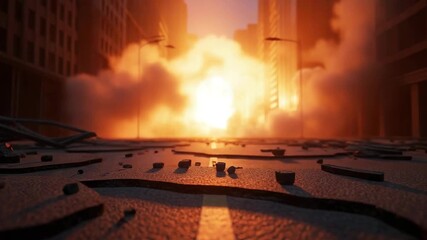 Massive explosion in empty city street with fire and smoke between tall buildings — cinematic urban destruction and apocalyptic atmosphere in dramatic orange light - Powered by Adobe